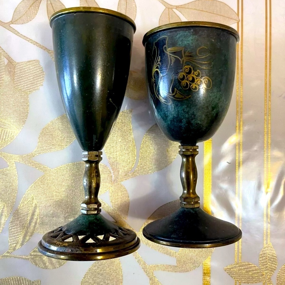 Set Of 2 Vintage Enamel and Brass Kiddush Wine Goblets Hand Painted Israel